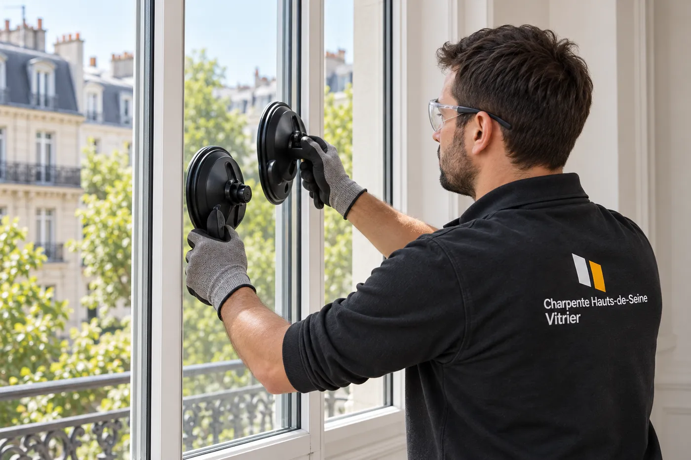 Vitrier Charpente Hauts-de-Seine posant un double vitrage à isolation renforcée avec des ventouses dans un appartement du 92