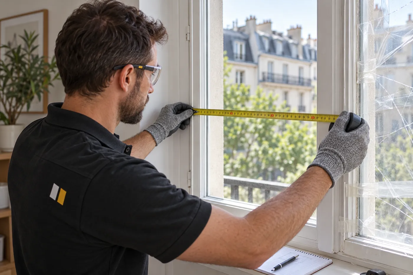 Vitrier relevant les cotes d'une vitre fissurée sécurisée par un film de protection