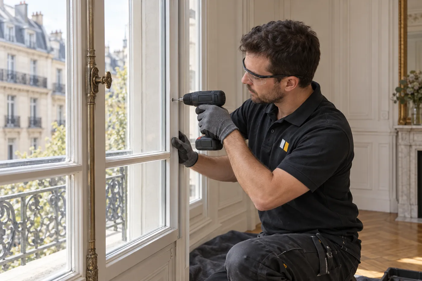 Vitrier fixant un survitrage sur une fenêtre bois d'origine dans un appartement ancien des Hauts-de-Seine